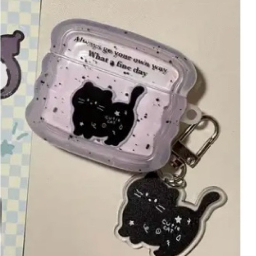 Cute Cat AirPods 3 Case with Keychain - Black and White